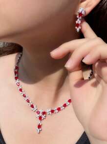 1 Set Elegant Silver Plated Cubic Zirconia Red Oval Leaf Tennis Earrings & Necklace CZ Jewelry Set For Brides, Engagement, Banquet, Party, Women, Ladies, Bridesmaids, Girlfriends, Mother Gift
