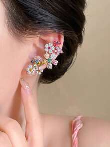 1 Pair Fashionable Party Colorful Floral Crystal Luxurious Unique Design Ear Cuff Earrings, Elegant & Exaggerated Design For Women - Color-silver - View 6