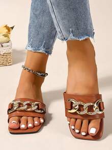 Dép lê nữ LangMoon 2026 màu nâu mới, mũi vuông, đế bằng, kiểu dáng tối giản, màu trơn kết hợp với họa tiết đính đá lấp lánh sang trọng, đế mềm chống trượt, bền chắc và thoải mái, đa năng, phù hợp cho kỳ nghỉ, đi làm, mua sắm, dự tiệc, mùa xuân/hè. - màu nâu - Xem 4