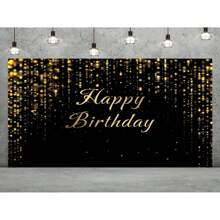 1pc Luxury Black Gold Happy Birthday Background Banner, Gold And Black Birthday Party Design, Suitable For Birthday And Party Decorations, Indoor/Outdoor Party Polyester Photographic Background