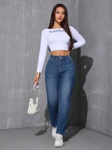 Winter Warm Thermal Lined Straight Leg Jeans - Medium Wash - View 2