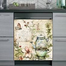 1 件复古花卉 2D 平面印刷磁性洗碗机门贴纸 - 防水、易清洁、可重复使用、适用于洗碗机、冰箱、洗衣机、烘干机装饰、无需胶水、厨房配件装饰、适合大多数洗碗机、家居装饰