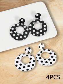 4/2pcs Simple Personality Black & White Polka Dot Acrylic Earrings For Women, Lightweight, Fashionable, Hypoallergenic, Suitable For Work, Beach, Street Style, Party, Holiday, Daily Wear, Back To School Season