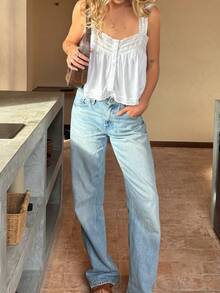 Women Square Neck Lace Eyelet Tank Top Summer Sleeveless Button Down Vest Shirts - 白色 - 查看 4