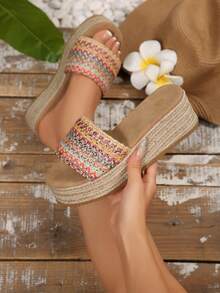 女士时尚休闲草绳编织鞋底户外凉鞋，舒适百搭沙滩度假露趾拖鞋 - 彩色 - 查看 2