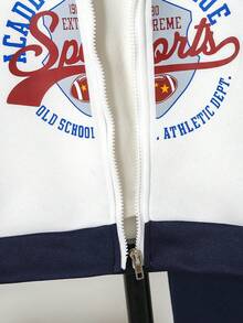 2 件套年轻男孩休闲运动字母印花夹克连帽衫 + 裤子套装，秋冬