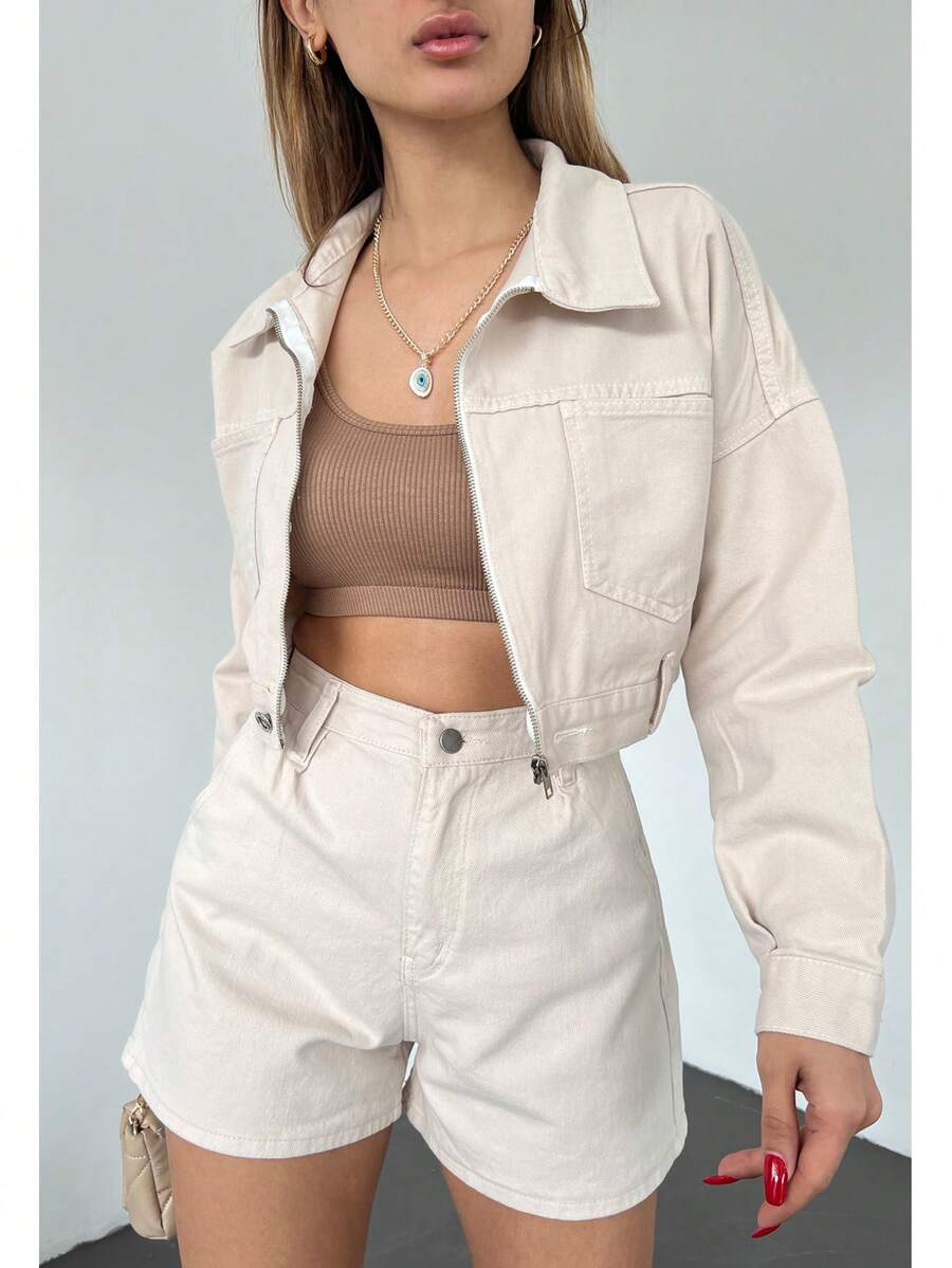 Casual Solid Color Pocket Zip Up Cropped Denim Jacket - Beige - View 1