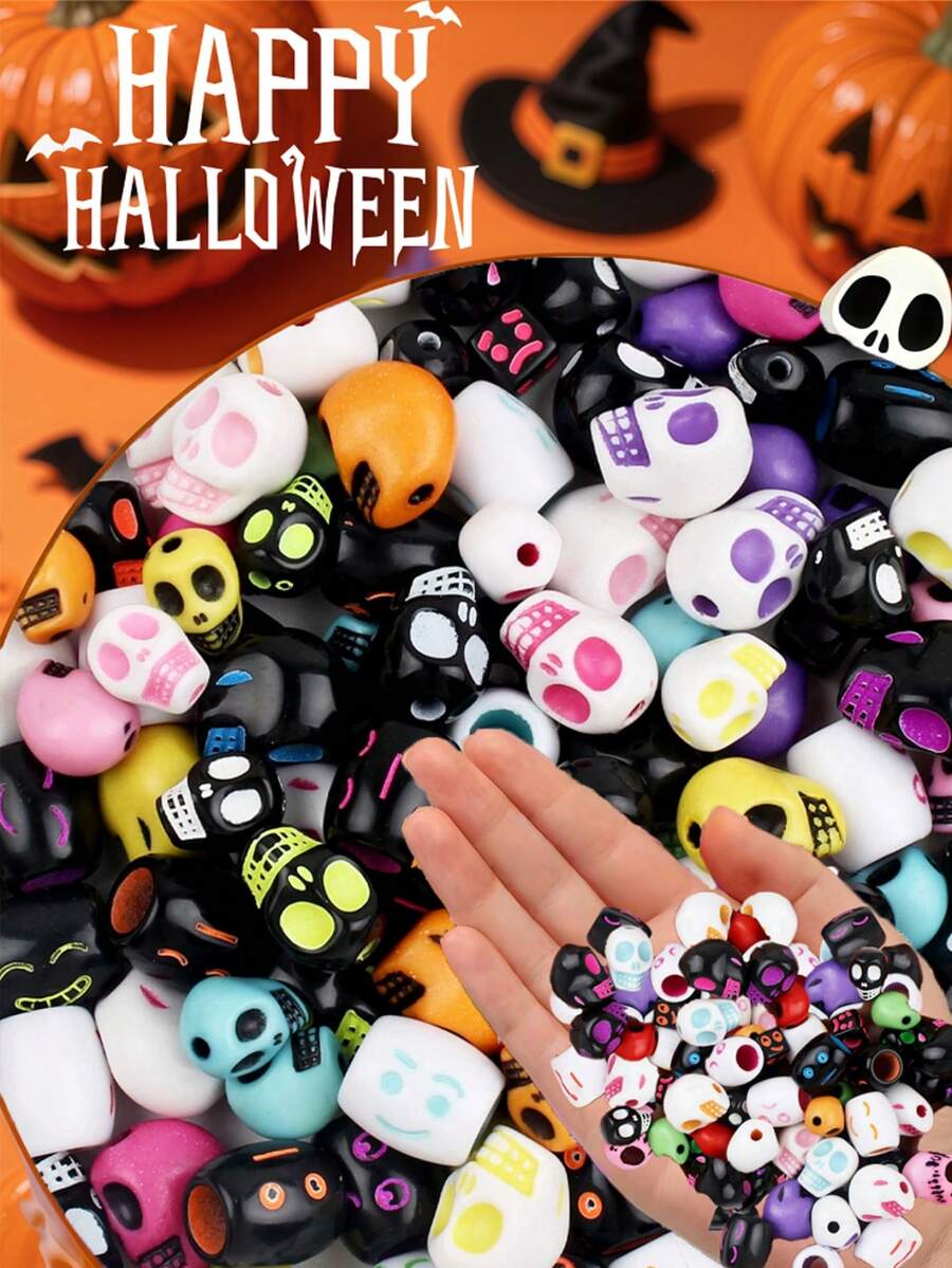 102pcs/51pcs Per Pack, Colorful Skull Beads For Halloween, Cute Halloween Colored Skull Beads Craft, DIY Jewelry Making Supplies, Acrylic Skull Loose Beads Handmade Accessories, Suitable For Halloween Wear, Spooky Fun, Holiday Gifts, Party/Birthday/Halloween Presents