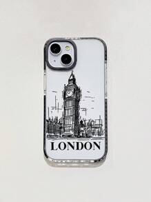 Étui de téléphone transparent au style minimaliste avec motif dessiné à la main du monument emblématique de Londres, le Big Ben, et le slogan "LONDON". Étui de protection transparent en TPU souple avec bordure noire, caractéristique de la ville de Londres. Compatible avec 13, 15, 16 Pro Max, 16, 14, 16 Plus. Étanche, antichoc, anti-chute et résistant aux rayures.