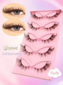 Rikuaild 5 Pairs Brown Cat Eye False Eyelashes, Transparent Band Fox Eye Lashes, Brown Faux Mink Eyelashes, Criss-Cross Fluffy Wispy False Lashes, Natural Look Fake Eyelashes, Eyelash Extension Makeup - 眼尾拉長款 - 查看 4