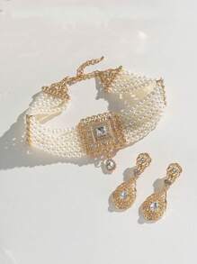 1 Set de Collar y Pendientes de Perlas Falsas, Juego de Joyas Nupciales, Tono Dorado Marroquí