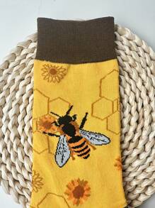 蜜蜂印花男士中筒袜 蜂窝与花卉图案休闲中筒袜 - 彩色 - 查看 2