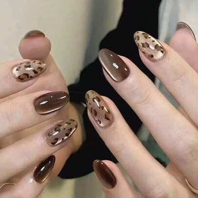 30片欧美猫眼豹纹美甲贴纸，全覆盖式假指甲，美甲用品，适合日常佩戴、上班族、派对、约会等场合，装饰指甲，提升时尚感。按压式美甲贴纸。