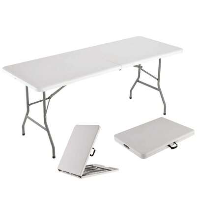 White 6FT Folding Table With Handle | Heavy-Duty Foldable Table | Portable Table For Indoor & Outdoor Use | Perfect For Events, Camping, Parties, Dining & More
