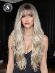 长波浪卷发带刘海 26 英寸渐变金色合成耐热假发 女士日常聚会度假旅行日常佩戴节日礼物 - 漸變金色 - 查看 1