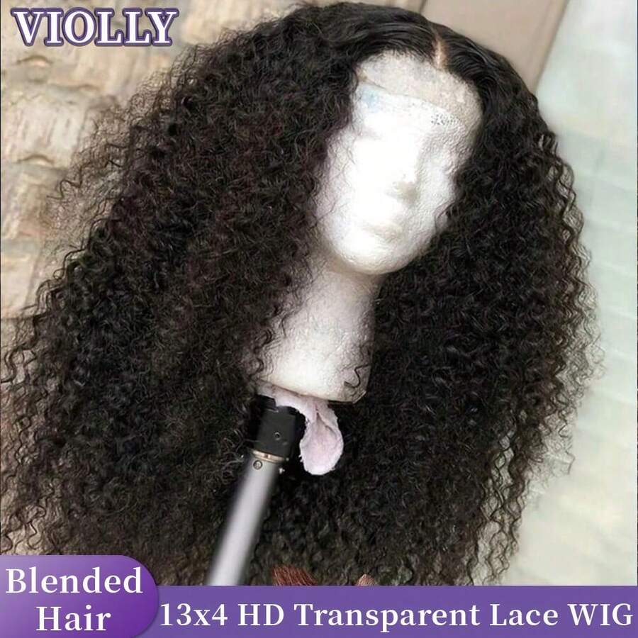 VIOLLY 200 高密度 13x4 蕾丝额头假发 30 英寸黑色深水波纹巴西混纺假发，预先拔毛发际线，预先漂白，隐形发结，大面积蕾丝可自由造型，适合所有种族，多功能假发，外观自然。