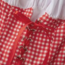 Women Halloween Miss Red Costumes Fairytale Short Puff Sleeve Plaid Print Short Mini Corset Dress With Hooded Cape 2pcs Cosplay Clothes For Adult - 紅色 - 查看 7