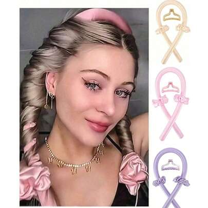 4件套免加热卷发器套装：卷发发带+睡眠帽，免加热卷发器，丝质卷发带，柔软泡沫睡眠发带，卷发造型工具套装，女士长发造型工具，懒人卷发造型工具（粉色），家居装饰，返校季，旅行度假必备