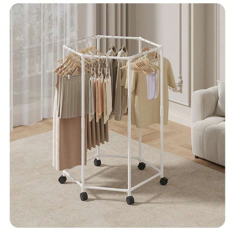 1pc Floor-Standing Clothes Drying Rack, 360° Rotation Caster, Hexagon ...