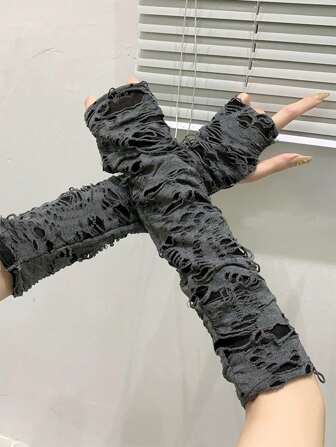 1 Pair Women's Distressed Fingerless Gloves, Goth Dark Style Arm Warmers, Suitable For Daily Outfit