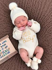 2 件“HELLO Baby”刺绣婴儿针织连帽连体衣和无檐小便帽套装，新生婴儿摄影道具，粉色女婴针织连体衣婴儿洗礼复活节礼物，适合女孩/男孩 - 彩色 - 查看 3
