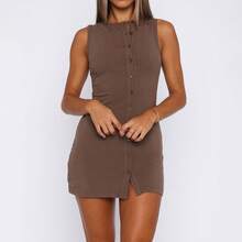 Women's Summer Tank Dress Solid Color Sleeveless Round Neck Button Down Mini Bodycon Dress - Brown - View 4