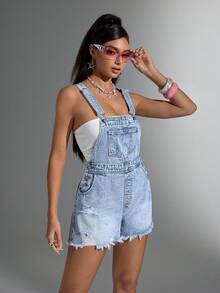 Jeanoix 女式口袋做旧休闲牛仔背带短裤 - 淺色水洗藍 - 查看 1