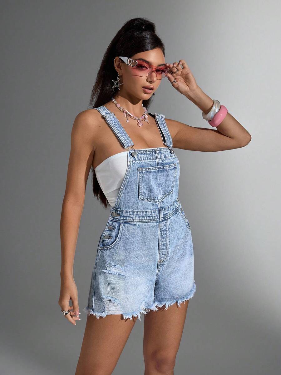 Jeanoix 女式口袋做旧休闲牛仔背带短裤 - 淺色水洗藍 - 查看 1