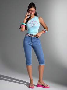 Jeanoix Quần Jeans Nữ Màu Trơn Phong Cách Đơn Giản Hàng Ngày - Màu xanh lam - Xem 6