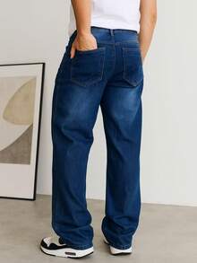 Men's Baggy Straight Wide Leg Jeans Streetwear Style Comfortable 38-48 - 深色水洗藍 - 查看 2