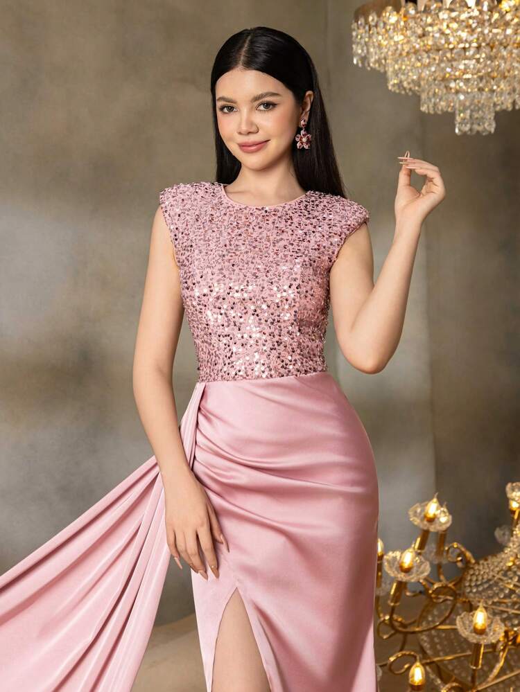 ALISA&LEO Avondjurk voor tienermeisjes met glinsterend lijfje met pailletten, satijnachtige asymmetrische zoom en gerimpelde taille voor chique schoolfeesten, gala's en bruiloftsgastenoutfits - Duister roze - Bekijken 6