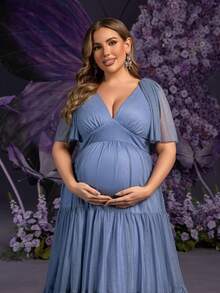 Faeriesty Dressalisa Chic Plus 孕妇 V 领蝴蝶袖长裙 - 飘逸荷叶边设计，适合婚礼、迎婴派对、正式活动、孕妇摄影 - 霧霾藍 - 查看 9