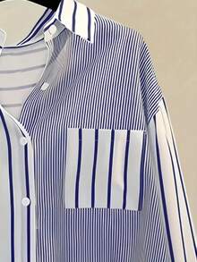 Women's Casual Simple Commuter Striped Patchwork Buttoned Shirt Spring, Summer, Autumn, Winter Top - Blue and White - View 4