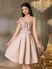 Alisa&Leo Teen Girls' Midi Graduation Dress - Asymmetrical Design With Glittering Sequin Bodice, Satin-Like Skirt & Adjustable Waist Belt For Graduation Proms, Wedding Guest Outfits, High-End Galas & School Formal Events - 淺粉色 - 查看 7