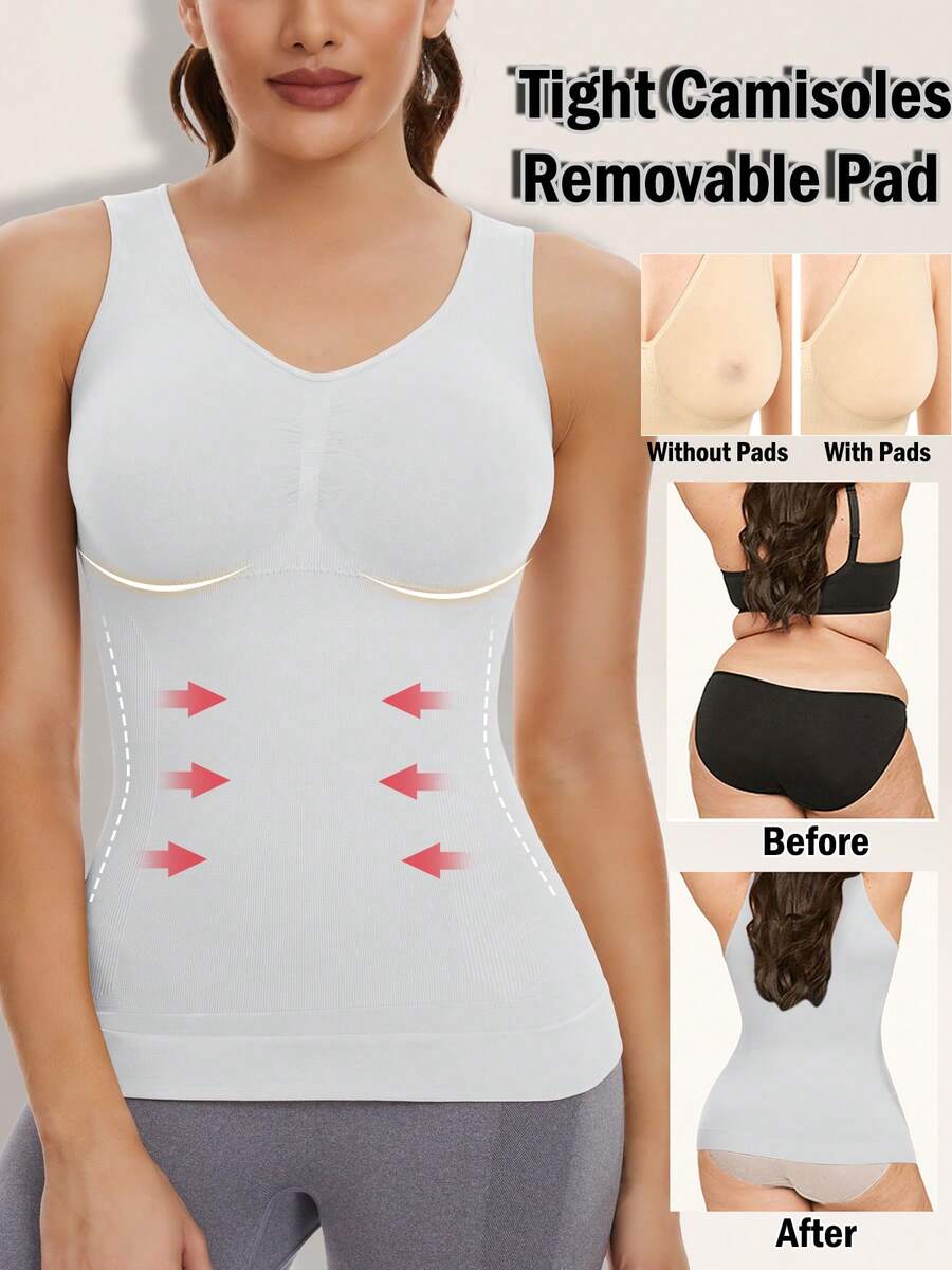 Shapewear Camisoles With Built In Bra Tummy Control Compression Tank Tops For Women Body Shaper Padded Tanks - White - View 1