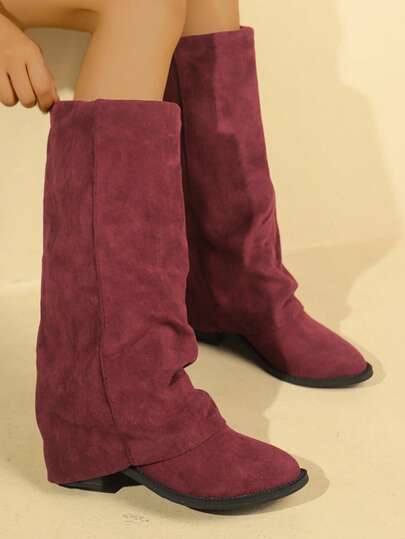 Vintage Suede Red Slouchy Boots For Women, Mid-Calf Shaft Western Style Chunky Heel Riding Boots, New For Autumn/Winter 2025