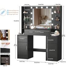 Black Dressing Table Makeup Vanity Desk With LED Lights Mirror, Drawers, Shelves, Storage Cabinets, LED Bulbs Mirror & 3 Color Modes Adjustable Brightness, Large Vanity Makeup Desk For Girls Bedroom, Modern Design Bedroom Furniture