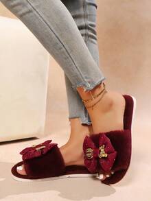 shensongni 女士蝴蝶结泰迪熊装饰毛绒拖鞋，室内拖鞋，家居拖鞋，卧室拖鞋，露趾拖鞋，四季皆宜拖鞋，公寓拖鞋，时尚性感度假风缎面平底凉鞋，酒红色 - 酒紅色 - 查看 10