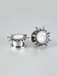 1Pair Retro Shiny White Flash Sun Saddle Ear Plugs Tunnels Stainless Steel Pulley Thread Ear Strengther Gauge Expander Weight Piercing Body Jewelry - 1 Pair Of White Flash Sun Ear Expansion - View 15