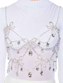 跨境蝴蝶结胸链女镂空流苏水钻身体链高端手感舞会时尚配饰欧美1PC优雅灵动蝴蝶水钻流苏连衣裙女式性感身体链饰品派对夜店舞台配饰 - 蝴蝶型 - 查看 6