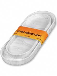 硅胶托盘套装 - 1/2 件套(11.8 英寸和 9.8 英寸)大号防碎耐热白色大理石设计梳妆台托盘,适用于浴室台面、厨房台面水槽、卫生间、卧室、肥皂、香水收纳盒 - 彩色 - 查看 2