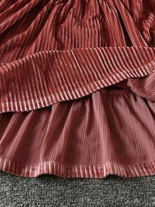 Elegant Chestnut Long Sleeve Girls Dress, Ribbed Texture With Ruffle Hem, Suitable For Casual To Semi-Formal Occasions, Graceful Girls Outfit - 紫紅色 - 查看 5