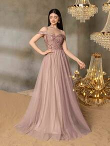 ALISA&LEO Teen Girls' Sequin A-Line Evening Gown - Off-Shoulder Sweetheart Neckline, Sheer Tulle Skirt & Fitted Sequin Bodice For Graduation Proms, Wedding Guest Outfits, Formal Dinners & Luxury Galas