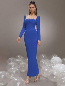 Đầm Maxi Ôm Body Cổ Vuông Tay Dài Đính Đá Rhinestone Mới, Đầm Dạ Hội Cưới Trang Trọng Cho Nữ - Xanh đậm - Xem 4