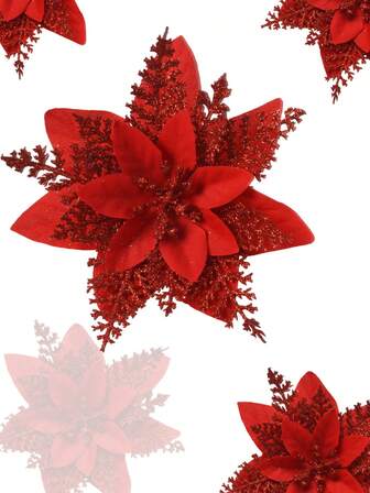 6/12/18/24 PIEZAS Flores artificiales navideñas con brillo para decoración de hogar, bodas, fiestas, árboles de Navidad, guirnaldas y manualidades navideñas