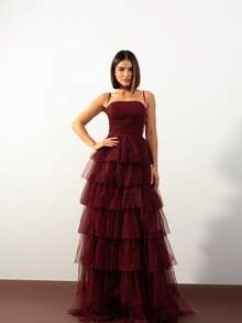 Luxurious Ruffled Dress For Bridesmaid/Graduation Wedding - 酒紅色 - 查看 1