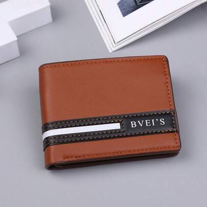 Men's PU Wallet - Casual Style With Alphabet Pattern, Color Block Detail, Multi-Card Holder, Bifold Short Wallet