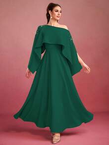 Women's Solid Color Long Elegant Dress With Studded Cape Shoulder, Open Shoulder - Dark Green - View 1