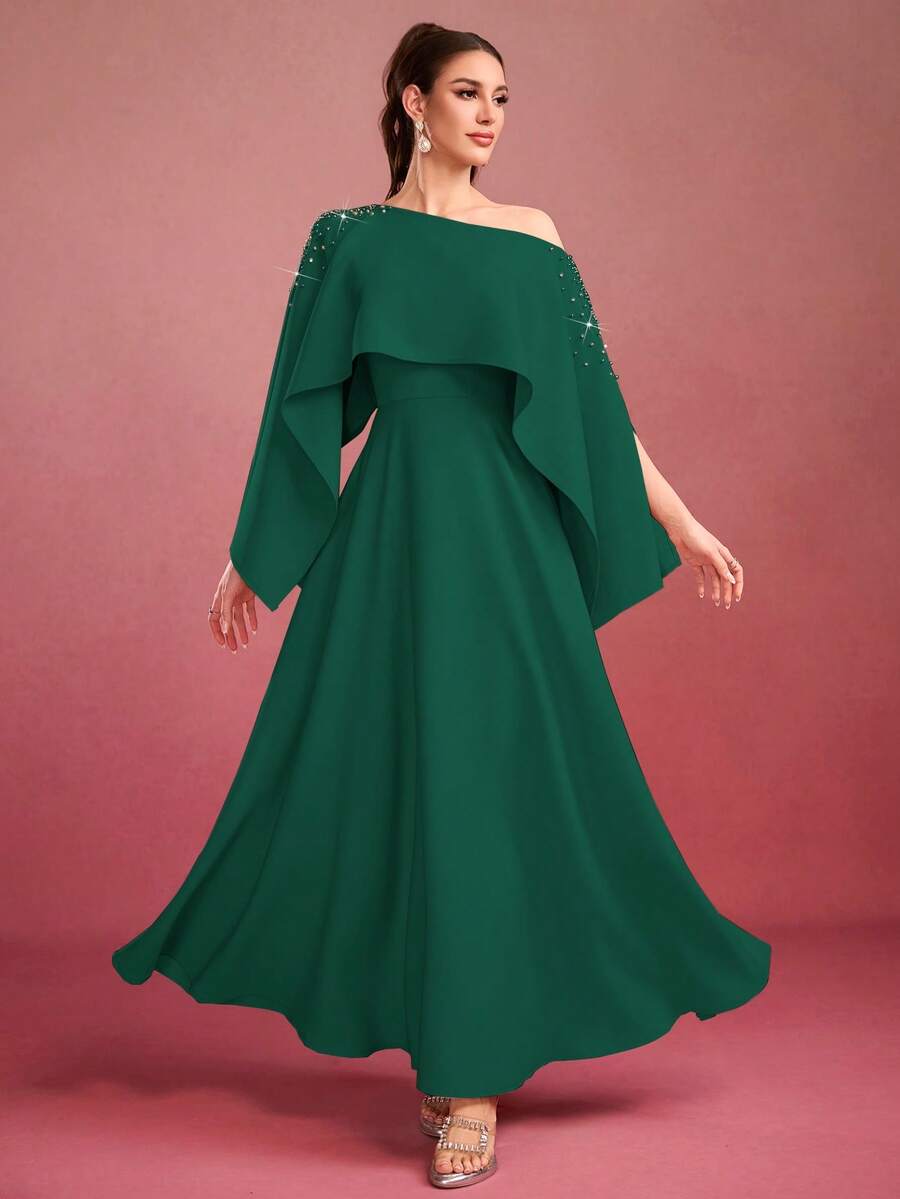 Women's Solid Color Long Elegant Dress With Studded Cape Shoulder, Open Shoulder - Dark Green - View 1