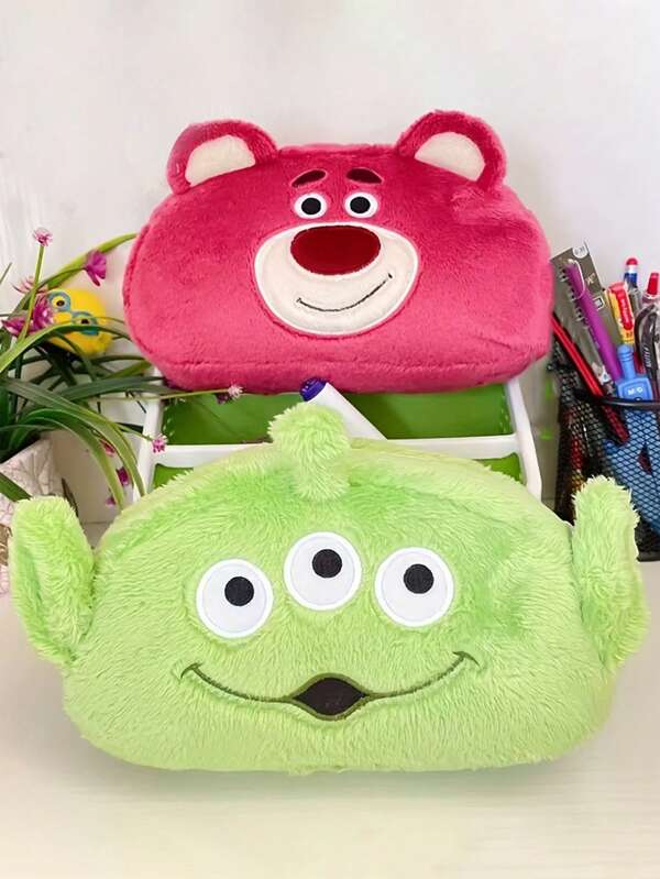 Disney 1 estojo de pelúcia dupla face com estampa de urso morango e três olhos da Disney, bolsa de papelaria de alto valor, bolsa de armazenamento de mesa de grande capacidade, caixa de lápis